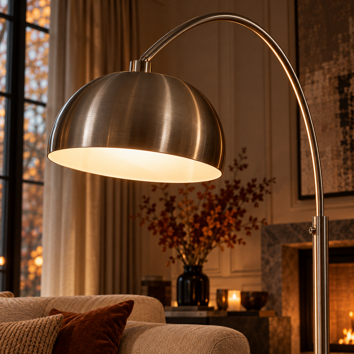 Arden Black Arc Floor Lamp with Dome Shade for Sofas and Reading Corners