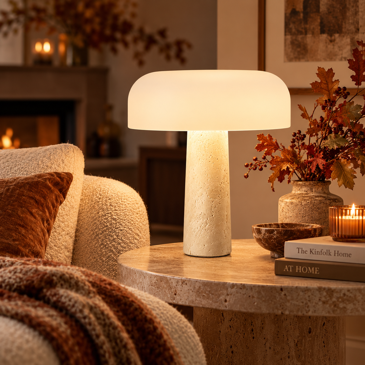 Terra Travertine Table Lamp with White Glass Shade for Sideboards and Bedsides