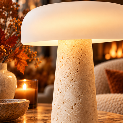 Terra Travertine Table Lamp with White Glass Shade for Sideboards and Bedsides