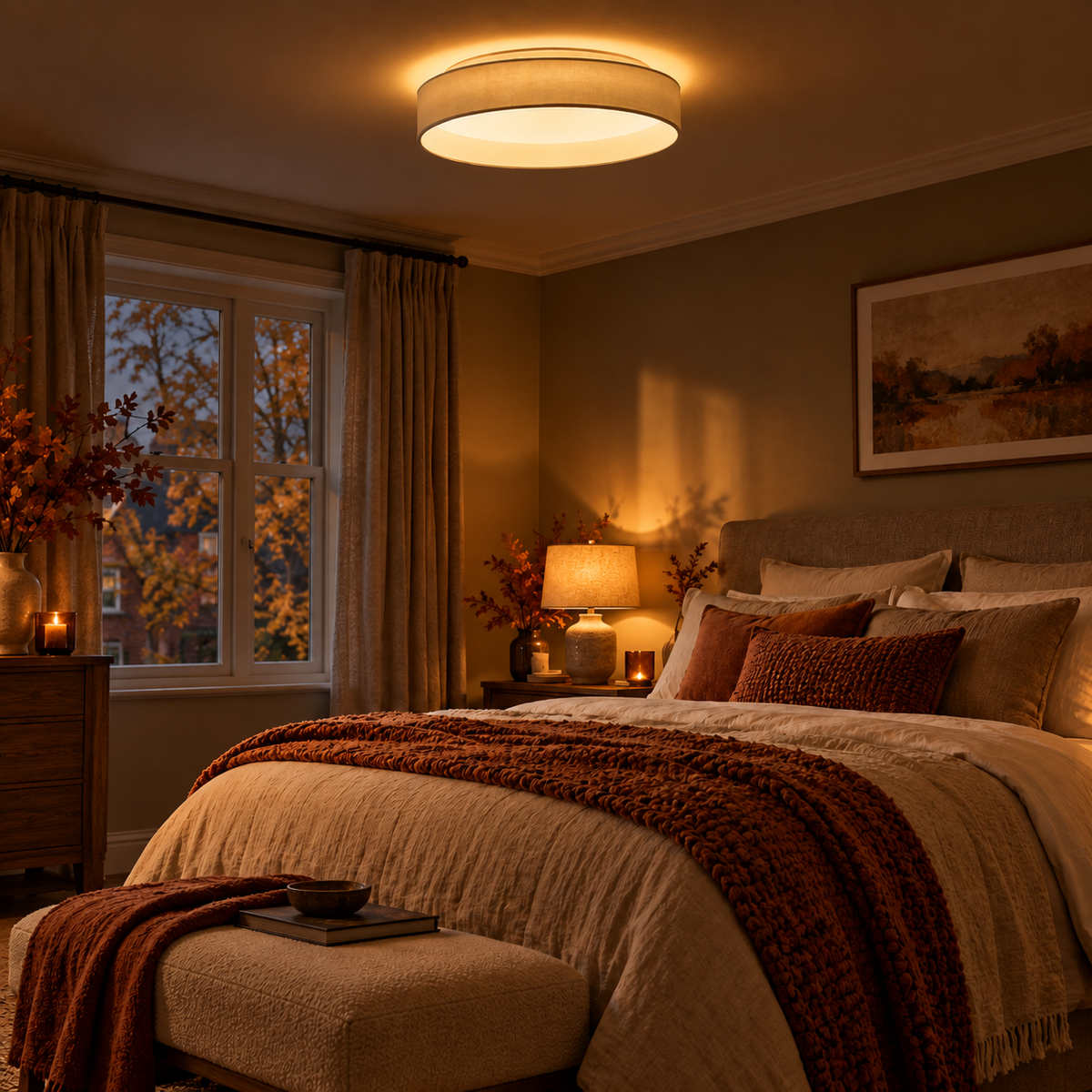 Nola Slim LED Flush Ceiling Light in Beige Fabric for Low Ceilings and Hallways