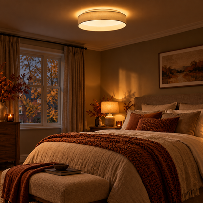Nola Slim LED Flush Ceiling Light in Beige Fabric for Low Ceilings and Hallways