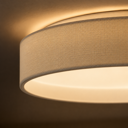 Nola Slim LED Flush Ceiling Light in Beige Fabric for Low Ceilings and Hallways