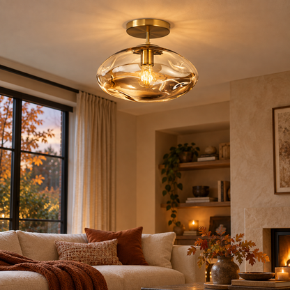 Liora Beige Glass Ceiling Light with Brushed Gold Canopy for Hallways and Bedrooms