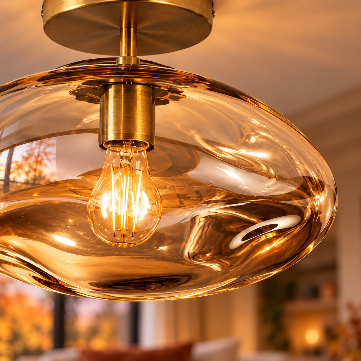 Liora Beige Glass Ceiling Light with Brushed Gold Canopy for Hallways and Bedrooms