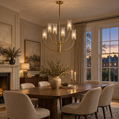 Talia Gold 6 Light Chandelier with Clear Glass Shades and Adjustable Arms for Dining Tables