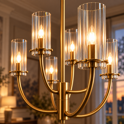 Talia Gold 6 Light Chandelier with Clear Glass Shades and Adjustable Arms for Dining Tables