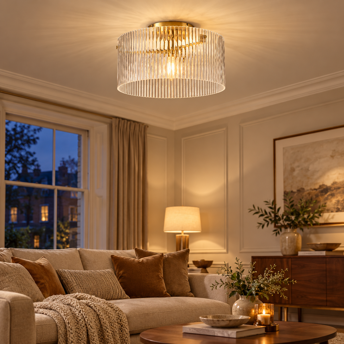 Esme Ribbed Glass Flush Ceiling Light with Gold Canopy for Hallways, Landings and Kitchens