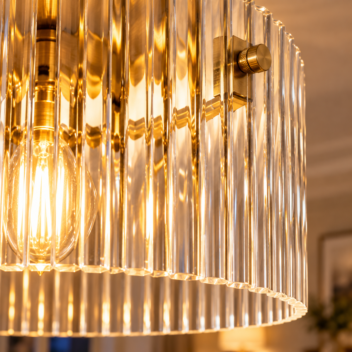Esme Ribbed Glass Flush Ceiling Light with Gold Canopy for Hallways, Landings and Kitchens