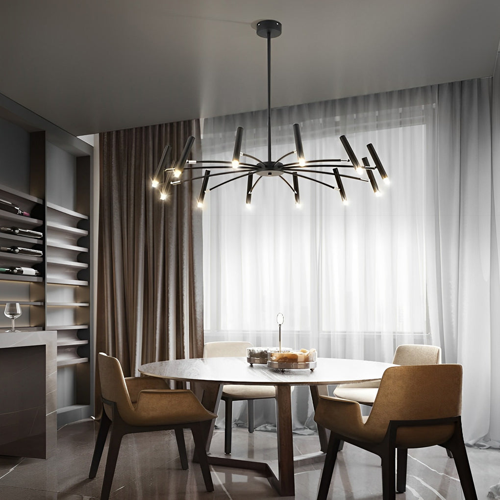 Linear black chandelier above a dining table