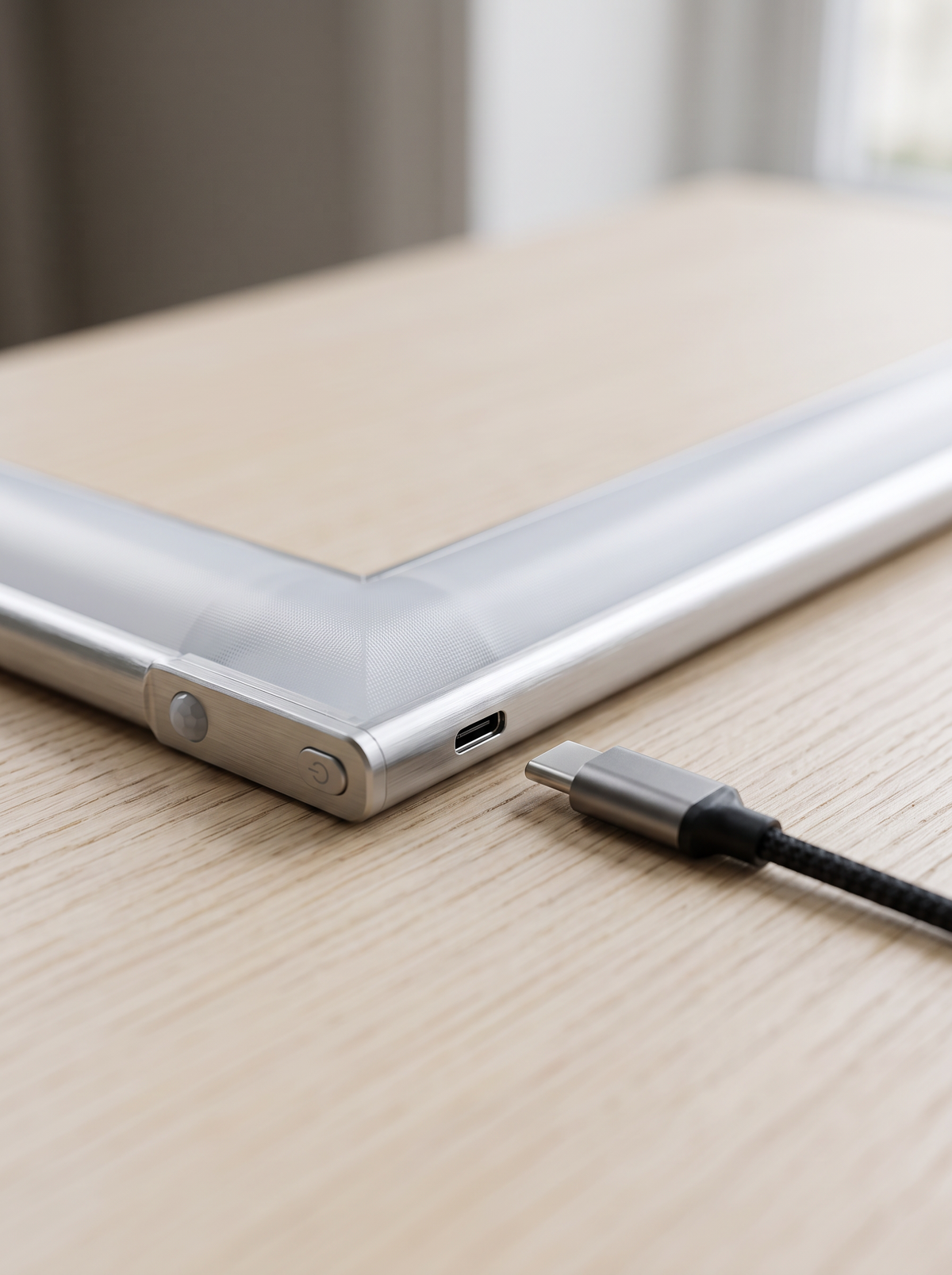 Close detail of the Halden light bar beside a charging cable