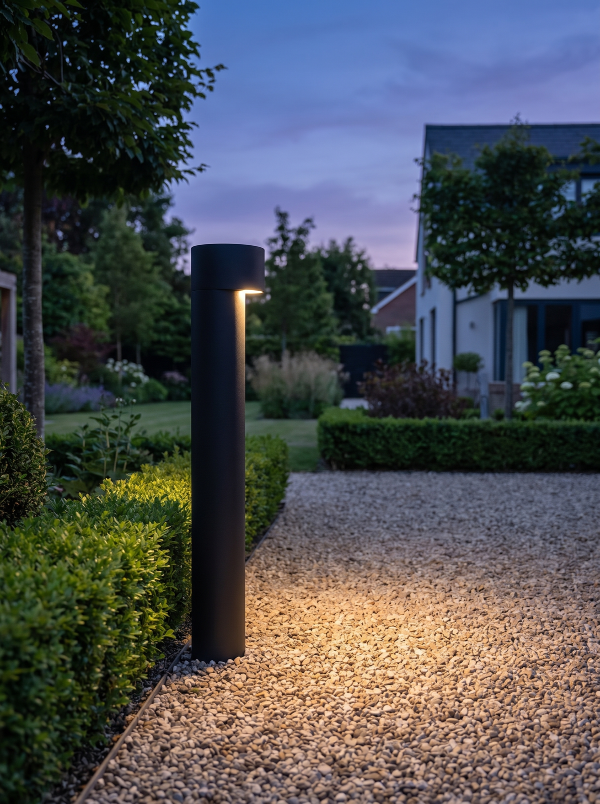 Lumira bollard light beside a gravel garden path at dusk