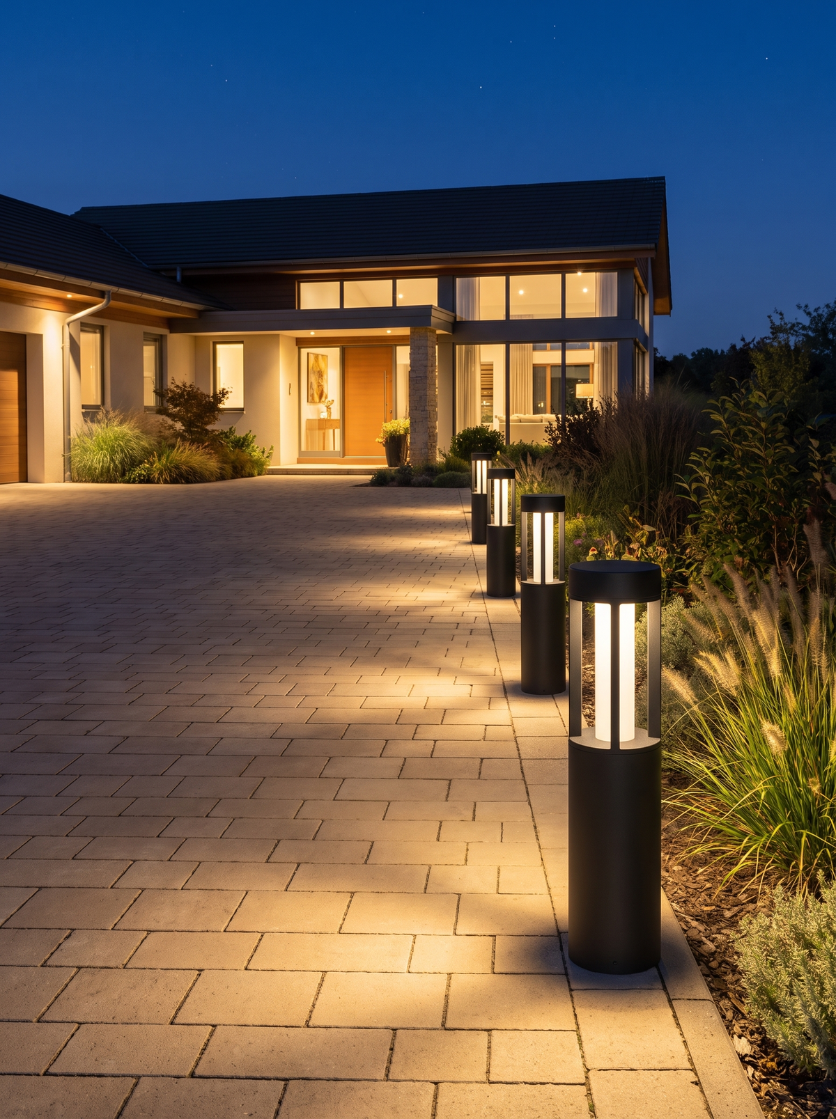 A line of Lumira bollard lights along a driveway at night
