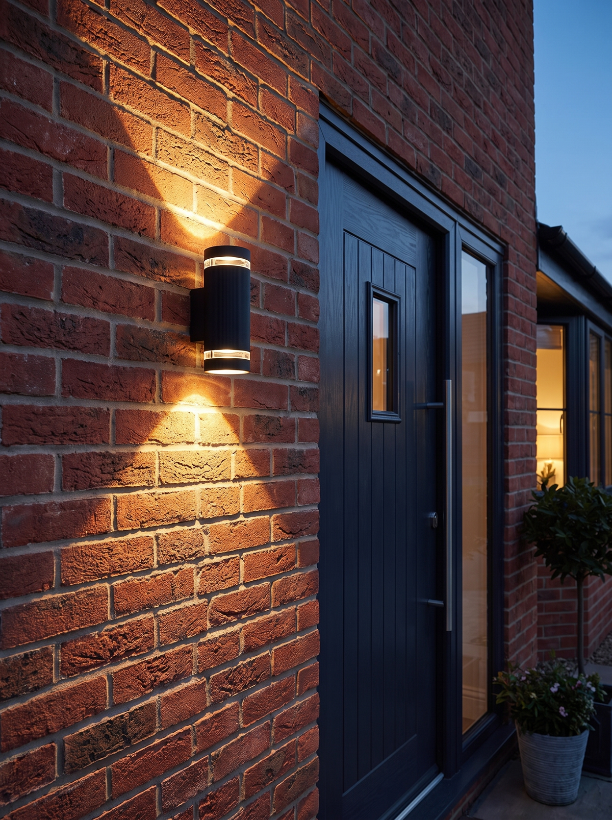 Northfield up and down wall light on a brick wall at dusk
