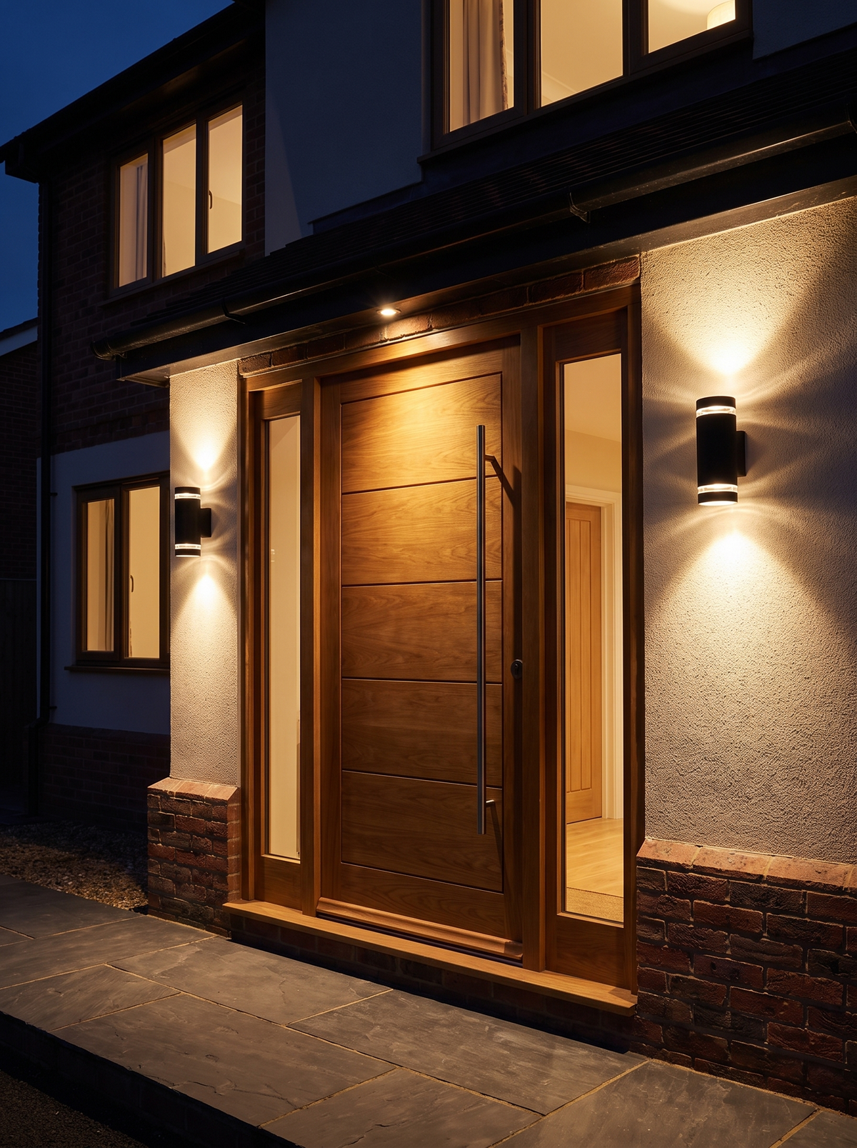 A pair of Northfield wall lights either side of a front door