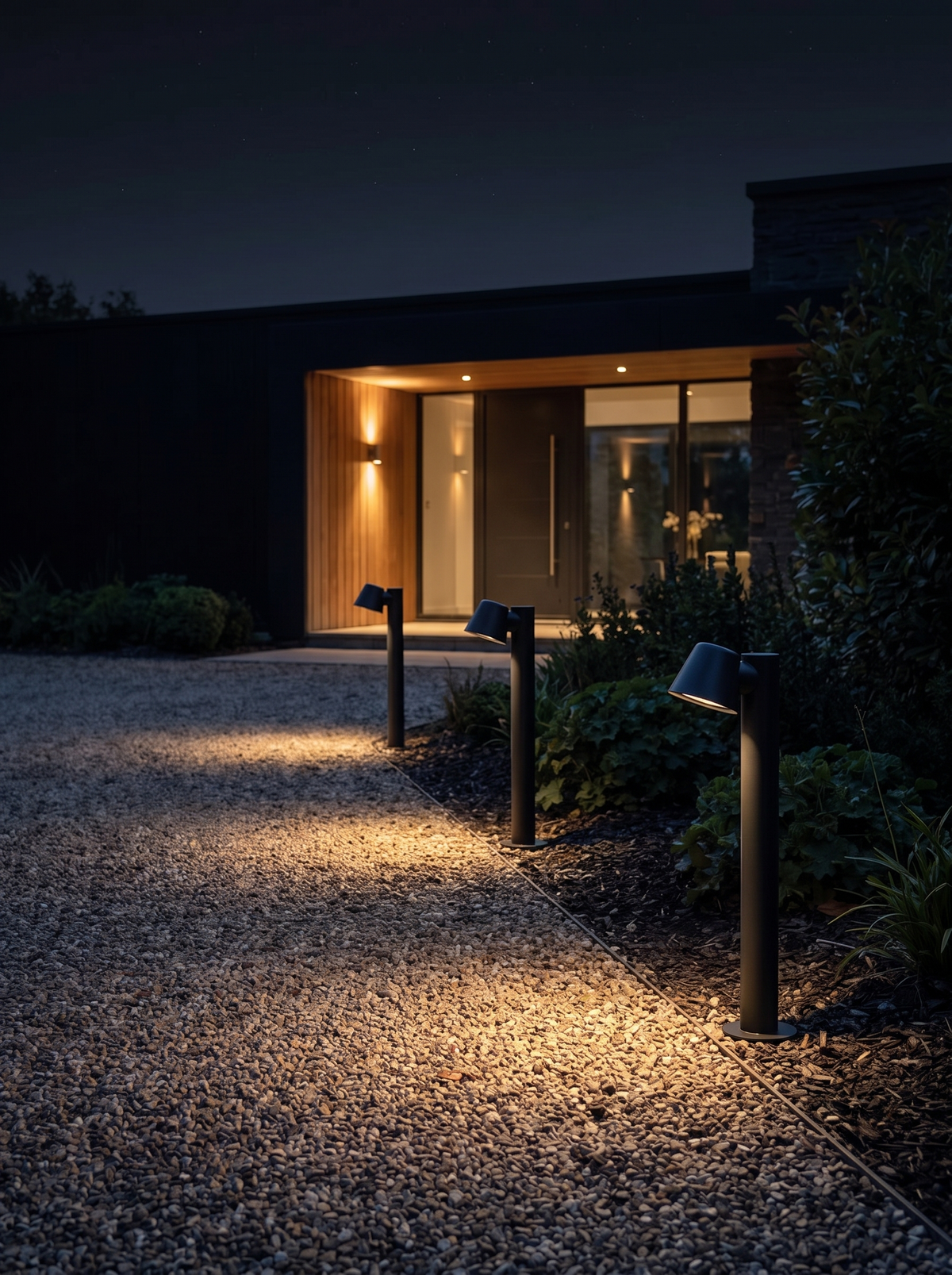 Three Sentry path lights along a gravel driveway at night