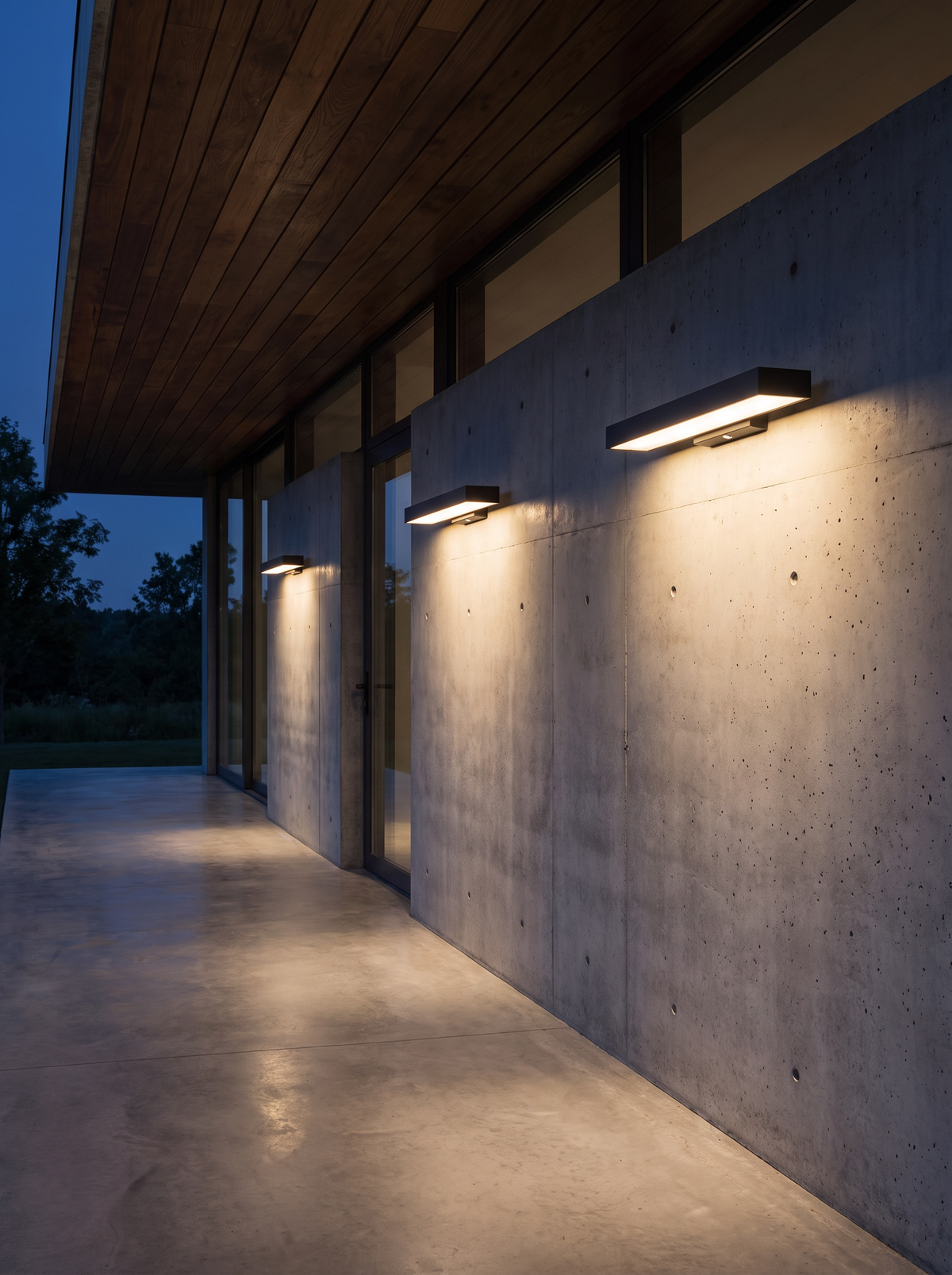 Three Verano wall lights along a covered corridor at night