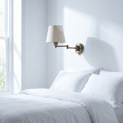 Marlow wall light on a white wall in a bright airy bedroom