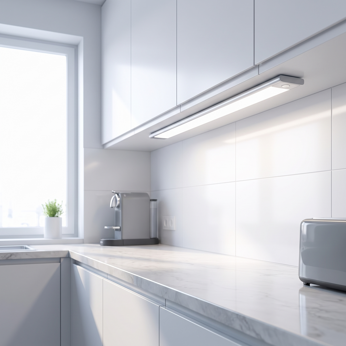 Halden light bar under a white cabinet over a marble worktop