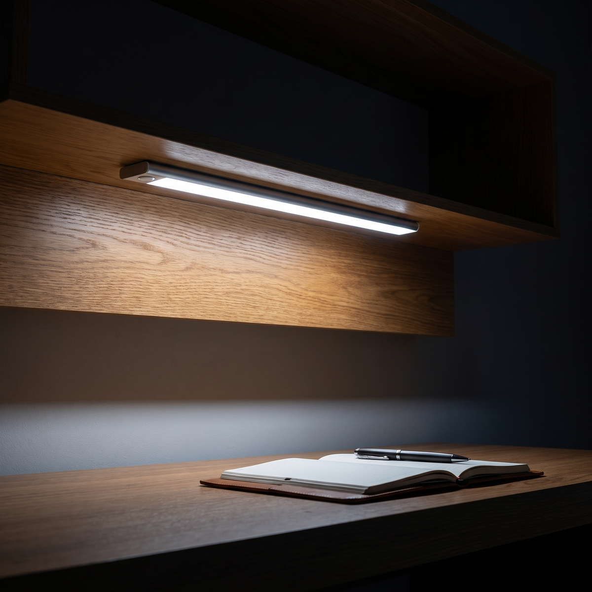Halden light bar under an oak shelf lighting a desk at night