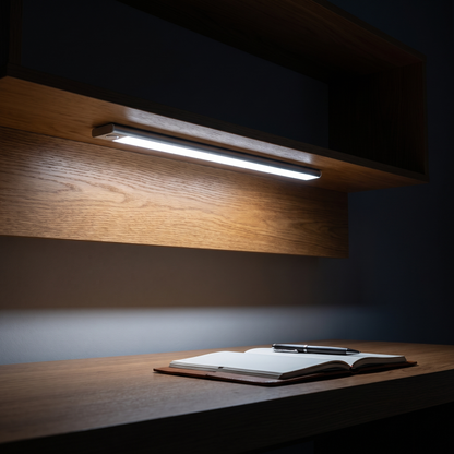 Halden light bar under an oak shelf lighting a desk at night