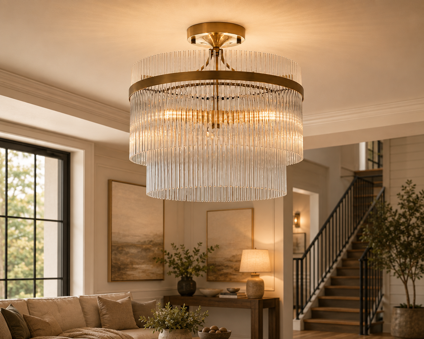 Celia Semi Flush Fitting in Antique Brass with Clear Glass