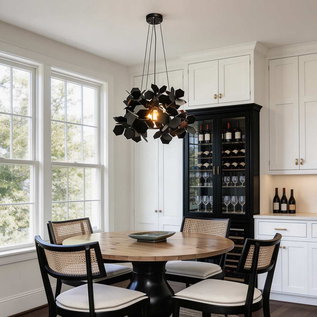 Handcrafted black leaf chandelier in a dining room