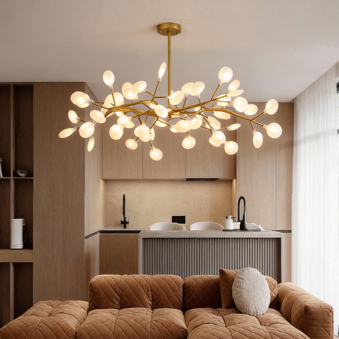 Firefly sputnik chandelier above a sofa