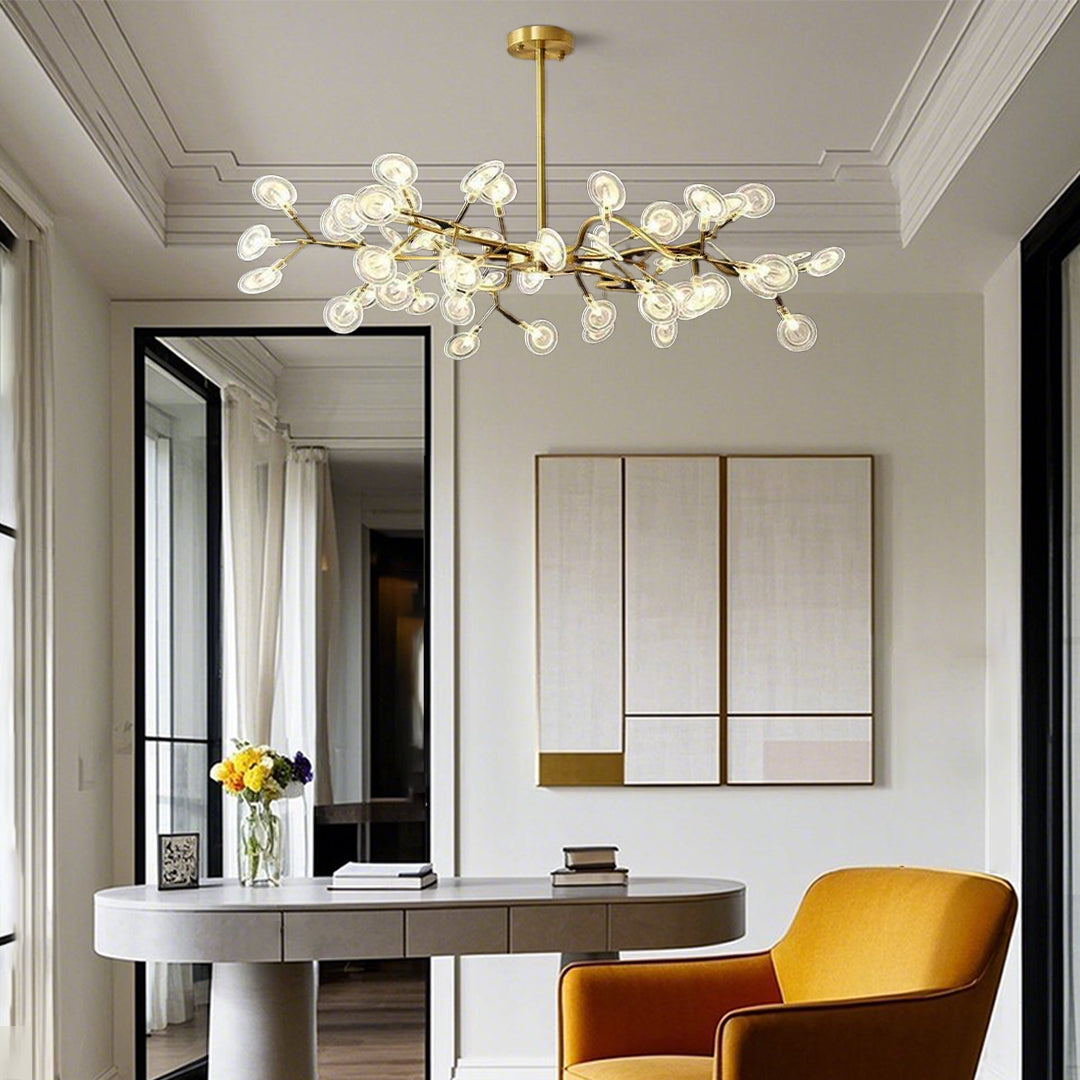 Sputnik chandelier with clear firefly shades in a dining area